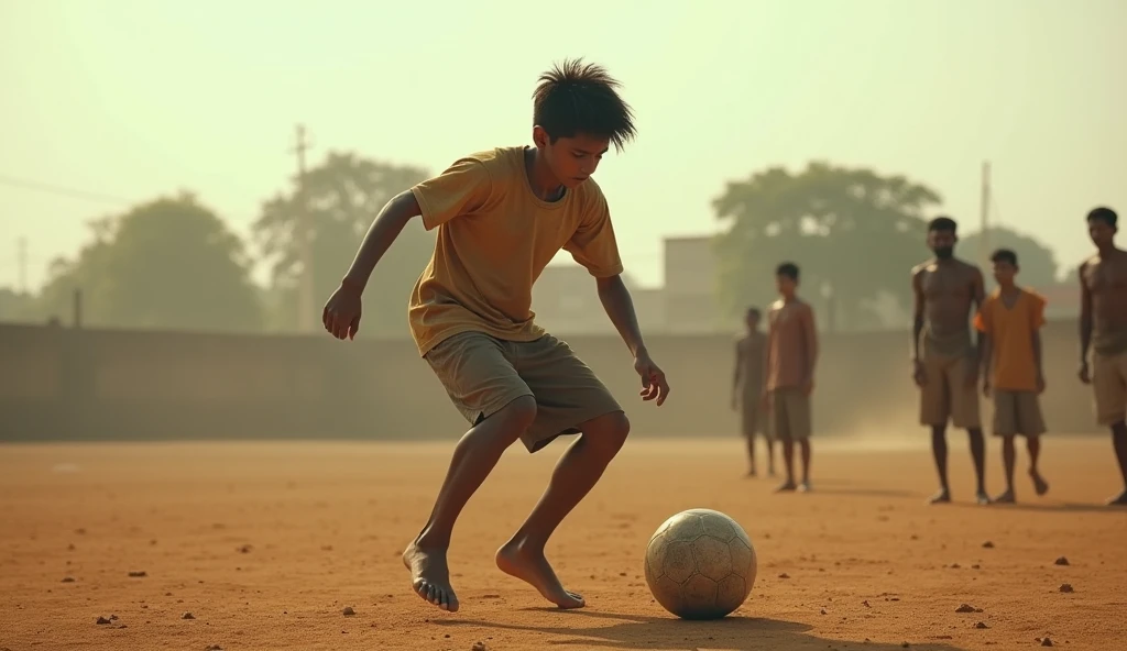 Suraj practicing football alone in an empty field. His clothes are worn, and his face shows signs of exhaustion, but his determination is clear. In the background, a few villagers are watching, some with skeptical expressions, while others whisper to each other, indicating doubt and mockery. Suraj, however, is completely absorbed in his practice, ignoring the negative attention.