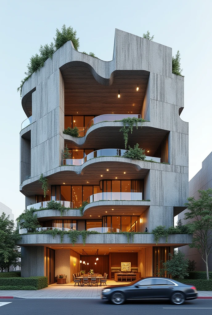 Deconstruction resturant commercial building , exterior view , a car is parked in front of a Deconstruction resturant , realistic architecture , concept commercial , 22 meters high , front view , high quality renderng , luxury architecture , realistic physical rendering , Deconstruction commercial , installation architecture , Deconstruction with line page ,