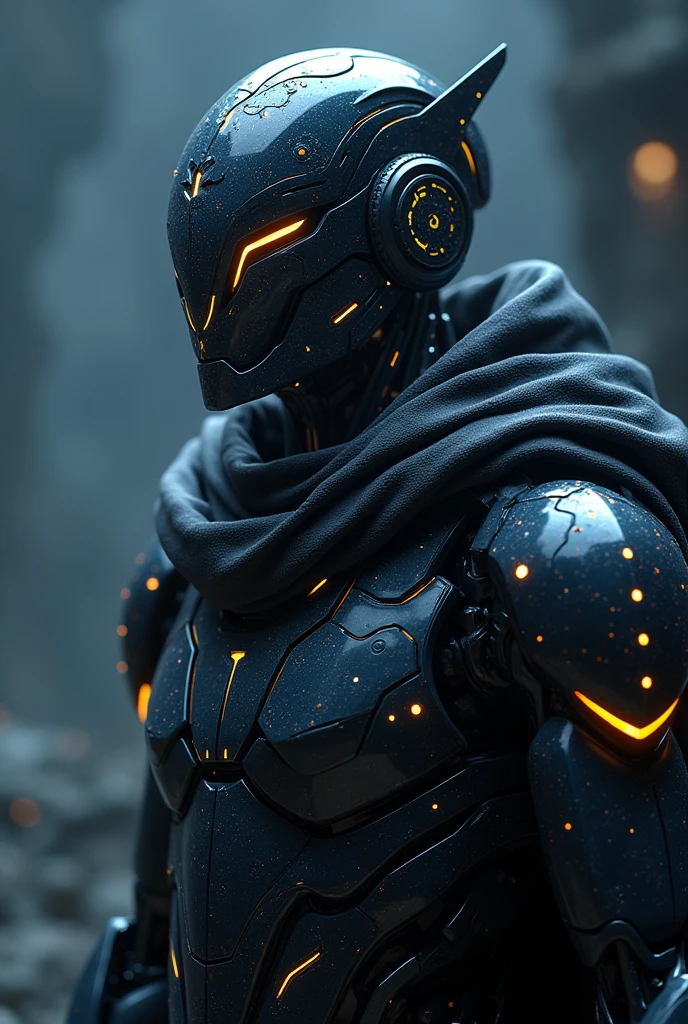 realistic,shiny,reflective,bioluminic, galactic cybernetic mask,mecha,(assassin:1.2),scarf,cloak,sh4g0d,GlowingRunes_red,fullbody,cinemnatic,dark background,backlight,high contrast,