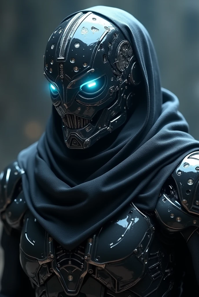 realistic,shiny,reflective,bioluminic, galactic cybernetic mask,mecha,(assassin:1.2),scarf,cloak,sh4g0d,GlowingRunes_red,fullbody,cinemnatic,dark background,backlight,high contrast,