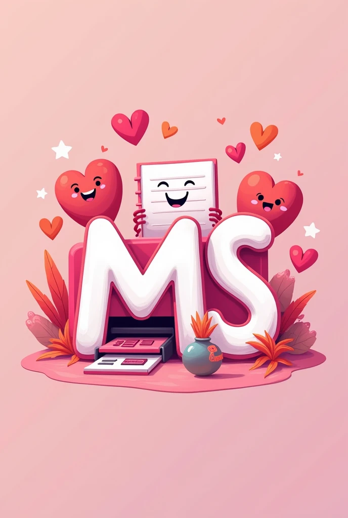 A light pink logo, with vibrant colors with the initials MS, with a drawing of a printer, notebook and very happy hearts.  Pixar animation style