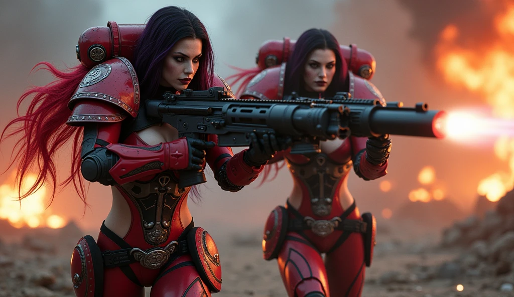 Full body pose sexy sisters of battle from the warhammer 40k, shooting at the enemy, red space marine armor with intricate details, white space marine armor with intricate details, symbols on the armor, sisters of battle, warhammer 40k, Massive exposed silicone breast, pale skin, seductive, temptation, eat your soul, clevage, long red flowing hair, long black flowing hair with purple highlights, heavy gothic makeup, at night, neon, beautiful detailed eyes, beautiful detailed lips, extremely detailed eyes and face, long eyelashes, highly detailed armor, intricate futuristic weaponry, dramatic lighting, cinematic composition, muted color palette, gritty and realistic, mecha, science fiction, hyper-detailed, photorealistic, award winning digital art, 8k, HDR, masters work, in the middle of a battle field, full body combat action pose, explosions and fire around, full war, stunning, Stilleto heels, high heels, full body pose, cinematic, movie trailer, final stand!, nemesis, ready to strike, dust and debree, combat screams, attacking, shooting at the enemy, running forward, last line of defense, charging, fanatic, religious, templar knights, sisters of battle, warhammer 40k, shooting at the enemy, bimbo gigantic exposed breast, jetpacks, space marine, stilleto heels, cinematic light, cameltoe pussy, beautiful pussy, wet pussy, wet body, oiled body, gigantic breast, dynamic super sexy combat action pose