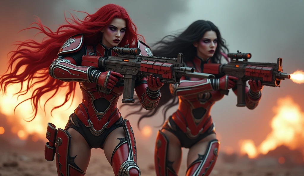 Full body pose sexy sisters of battle from the warhammer 40k, shooting at the enemy, red space marine armor with intricate details, white space marine armor with intricate details, symbols on the armor, sisters of battle, warhammer 40k, Massive exposed silicone breast, pale skin, seductive, temptation, eat your soul, clevage, long red flowing hair, long black flowing hair with purple highlights, heavy gothic makeup, at night, neon, beautiful detailed eyes, beautiful detailed lips, extremely detailed eyes and face, long eyelashes, highly detailed armor, intricate futuristic weaponry, dramatic lighting, cinematic composition, muted color palette, gritty and realistic, mecha, science fiction, hyper-detailed, photorealistic, award winning digital art, 8k, HDR, masters work, in the middle of a battle field, full body combat action pose, explosions and fire around, full war, stunning, Stilleto heels, high heels, full body pose, cinematic, movie trailer, final stand!, nemesis, ready to strike, dust and debree, combat screams, attacking, shooting at the enemy, running forward, last line of defense, charging, fanatic, religious, templar knights, sisters of battle, warhammer 40k, shooting at the enemy, bimbo gigantic exposed breast, jetpacks, space marine, stilleto heels, cinematic light, cameltoe pussy, beautiful pussy, wet pussy, wet body, oiled body, gigantic breast, dynamic super sexy combat action pose