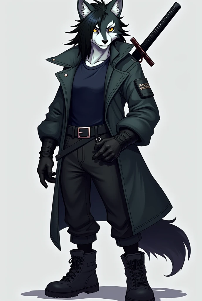 An anthropomorphic Sonic-style wolf with long, short black hair covering the left side of his eye a little and with a slightly large ponytail., with big yellow eyes, white cheek, with black cold weather blouse with dark blue shirt, black pants and black men&#39;s boots, with black gloves, and with a purple sheathed Katana on his back.