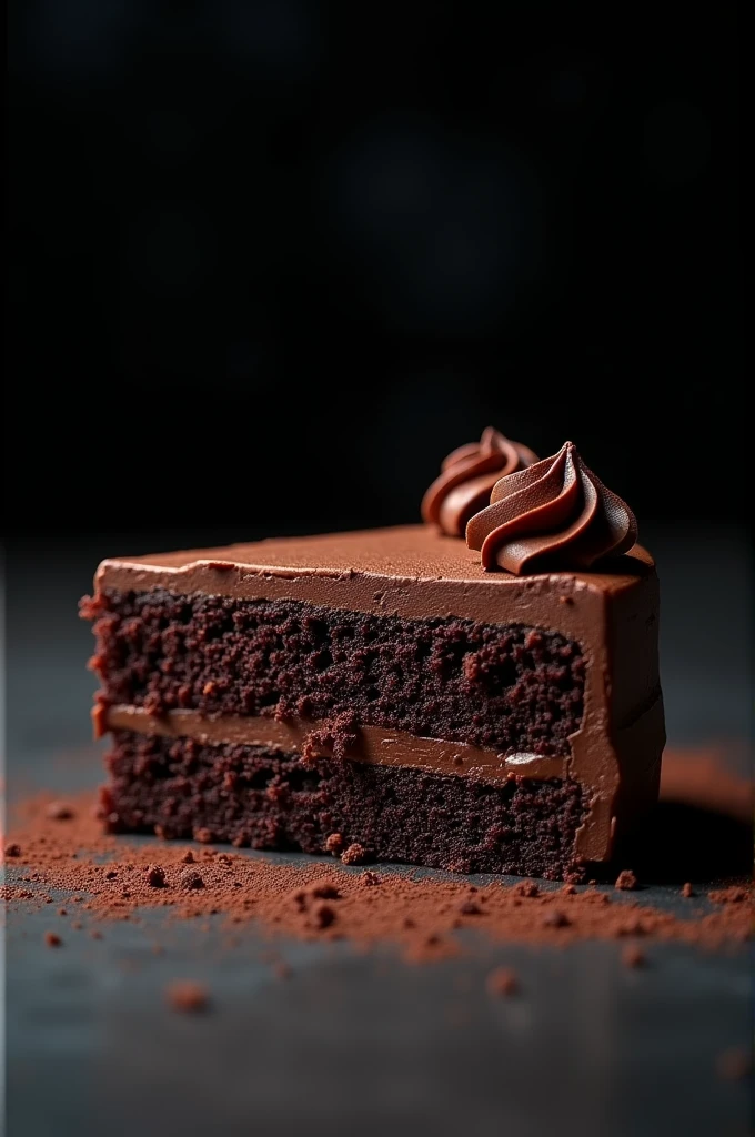 cinematic film still chocolate, chocolate cake, dark background, quality photo, moist texture, frosting, studio photo, slice . shallow depth of field, vignette, highly detailed, high budget, bokeh, cinemascope, moody, epic, gorgeous, film grain, grainy