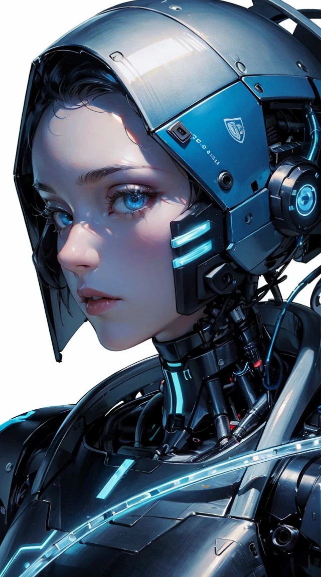 (highest quality, High resolution, masterpiece:1.2), Super detailed, realistic:1.37, (perfect anatomy),1 girl,cowboy shot,full body portrait,,close-up of woman, Cute and completely beautiful Japanese idol, female model、Modified into a cute cyborg,, (blue led eyes:1.3), (white bio acrylic body:1.2), ,,detailed connection lines, Wires and cables connecting to the head, cybernetics, cyber 3ink, intricate decorative details, The background is the interior of a robotic operating room.,,monitor screen