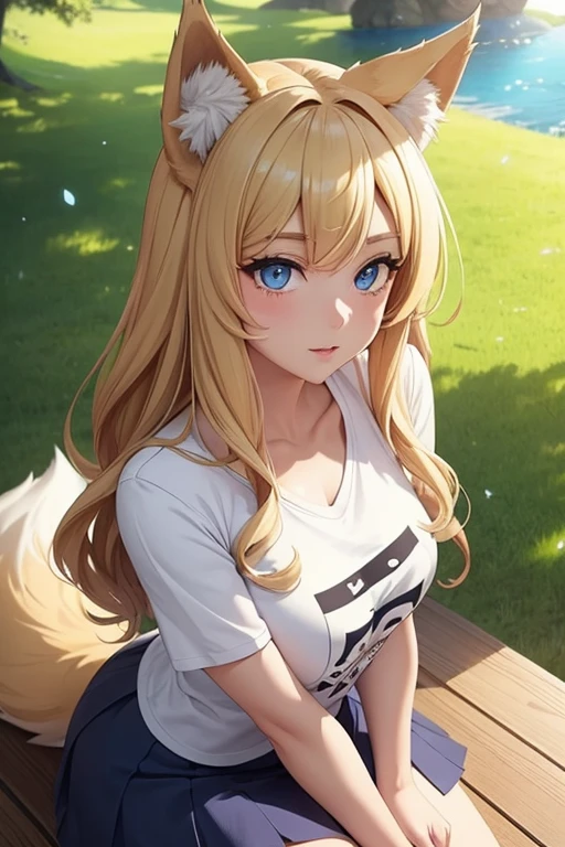 masterpiece, Best Quality, female yokai wolf, elegant, 1 girl, wolf ears, wolf tail, Beautiful, flushed, looking at the viewer, from above, wavy blonde hair, mini skirt, black and white striped t-shirt, blue eyes, pretty eyes, beautiful background, light particles, Sun rays, dramatic lighting, outside, bright, realist, masterpiece, Best Quality, ultra-detailed, detailed, scenery, beautiful detailed eyes, detailed hair, sexy and with great attributes, that are noticeable