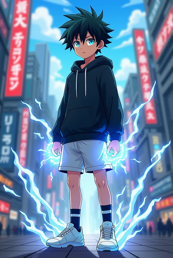 Anime boy in the style of My hero academia, who has black hair, blue colored eyes, black sweatshirt, shorts brancos, Black and White Socks, sapatos brancos, and with powers to control energy, and the background being a city