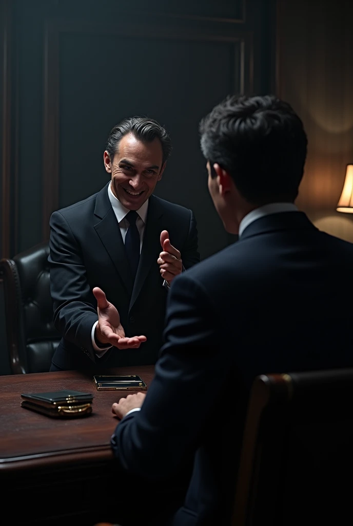 Generate images of a person advising another person to do evil