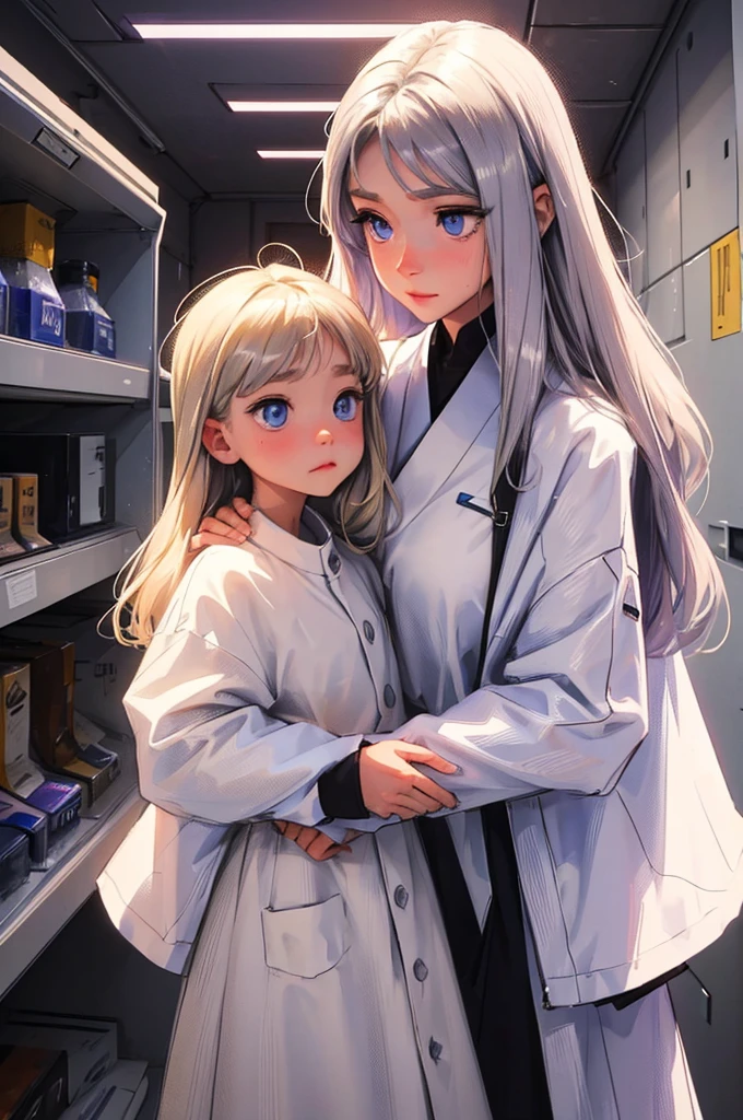 emotional, cute, sisterly love, bege and white clothing, futuristic, inside a bunker, two females hug, the taller one is a female with silver hair and purple eyes, the small one (child) is a female child with blonde hair and blue eyes.