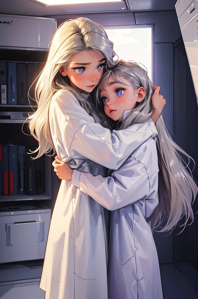 emotional, cute, sisterly love, bege and white clothing, futuristic, inside a bunker, two females hug, the taller one is a female with silver hair and purple eyes, the  one (childa female child withde hair and blue eyes.