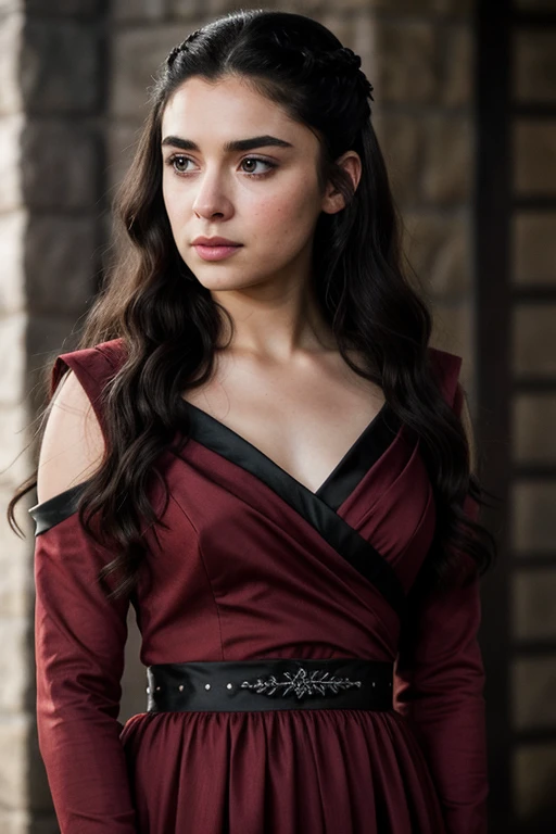Layde stark game of thrones beautiful face, big eyebrows long straight wavy black hair gray eyes wearing a red and black dress