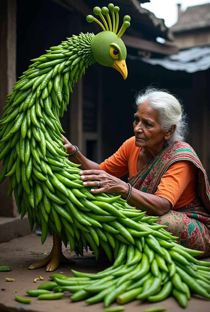 a poor old indian woman making a big Peacock out of green chili