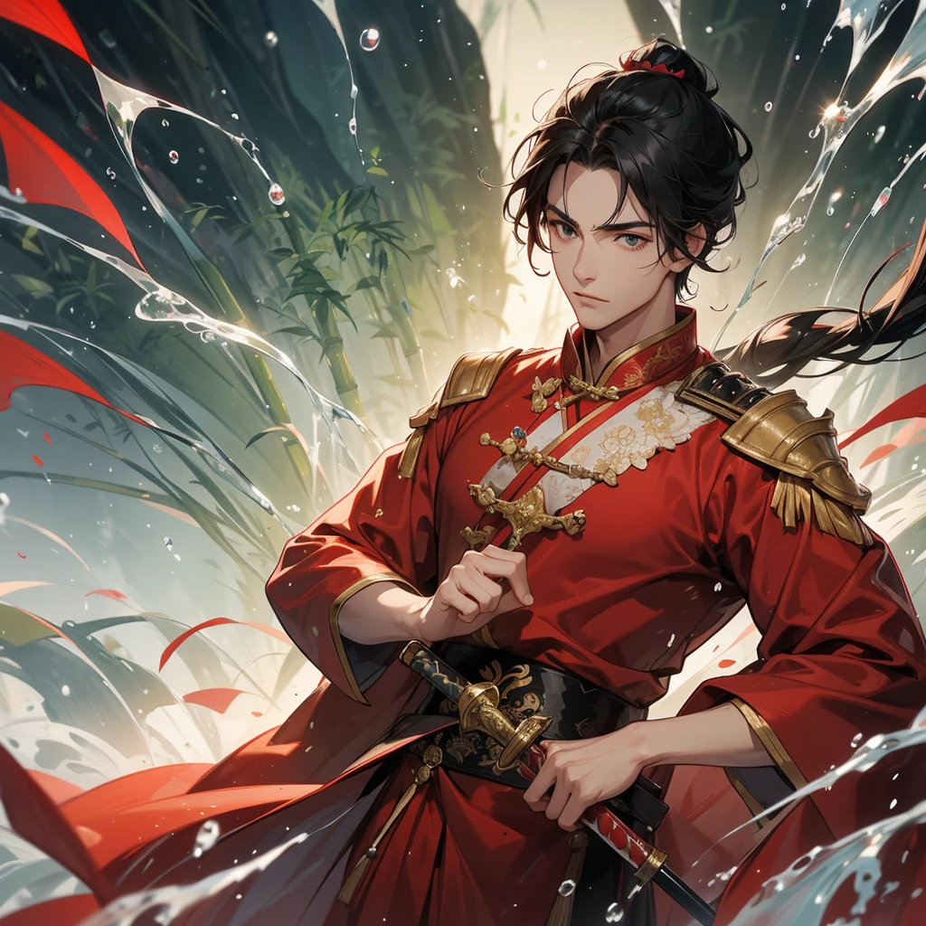 A Handsome black-hair male holding a large sword in an red-white ancient chinese costume, close up.
The back is a lush green bamboo forest. The air after rain has water droplets splashing around.