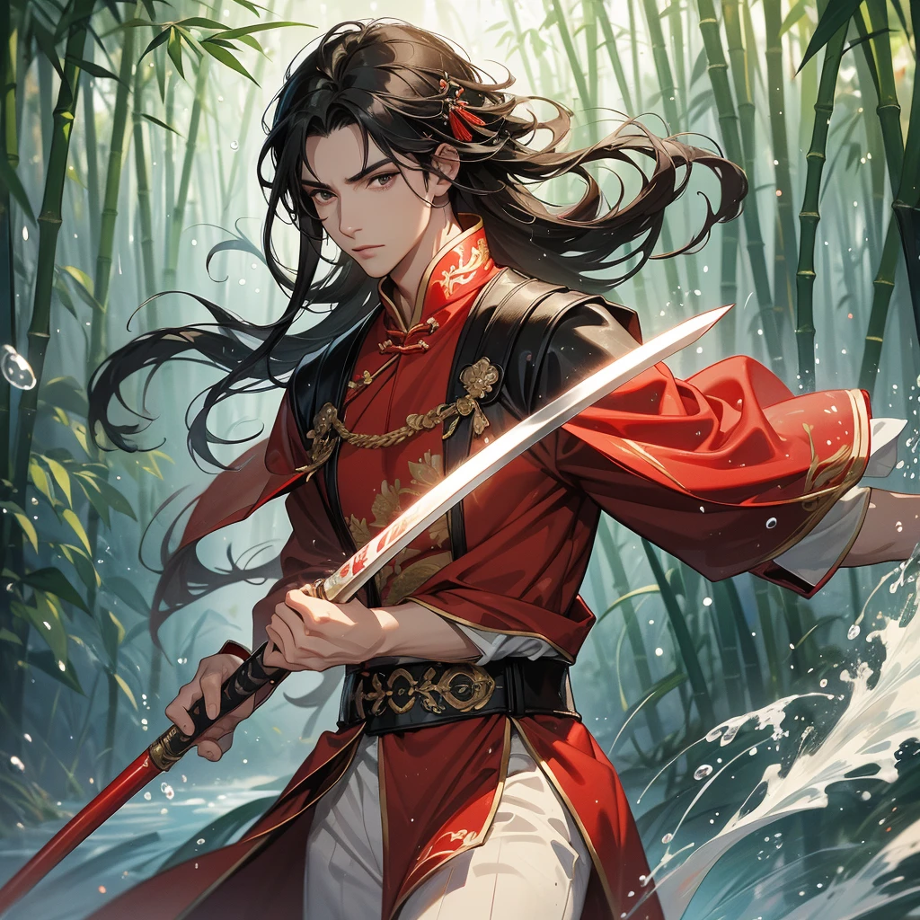 A Handsome black-hair male holding a large sword in an red-white ancient chinese costume, close up.
The back is a lush green bamboo forest. The air after rain has water droplets splashing around.