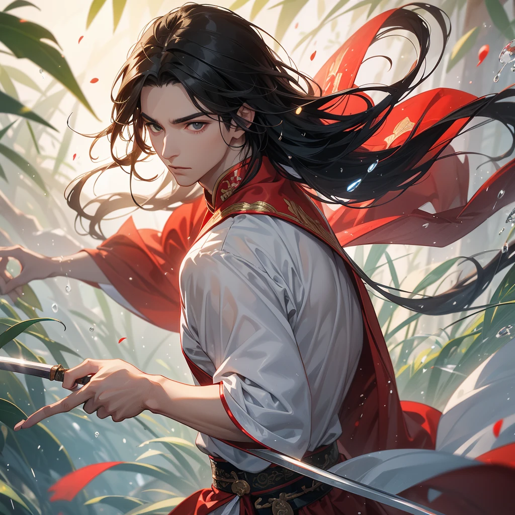 A Handsome black-hair male holding a large sword in an red-white ancient chinese costume, close up.
The back is a lush green bamboo forest. The air after rain has water droplets splashing around.