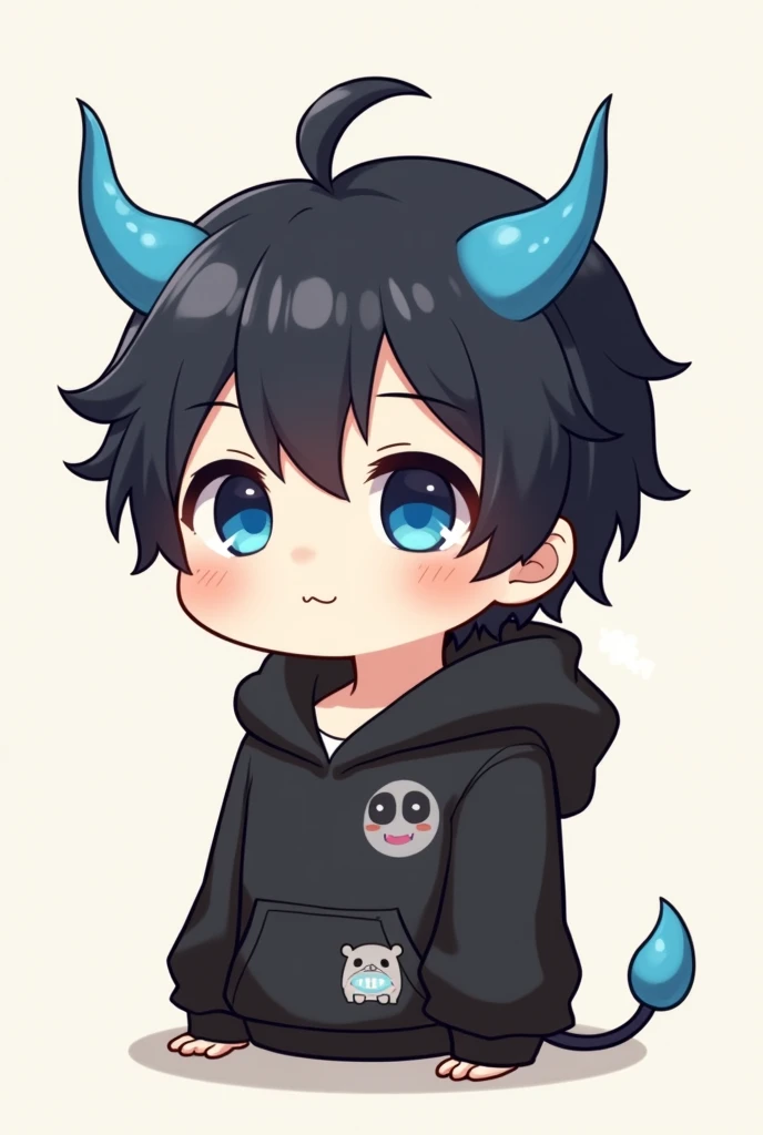 Cute Chibi Boy black hair blue eyes two blue horns with black hoodie Sticker