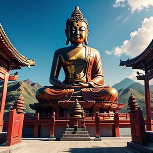 high buddha statue outside a red temple, sunny scenery