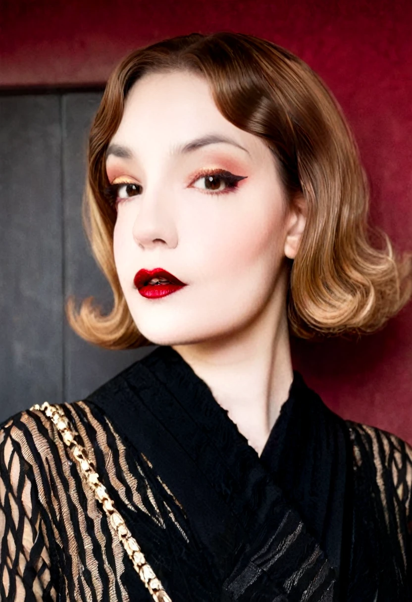 Photo film ???? style, Maginifique, 1fille, Seulement, demi-corps, Dramatic lighting, pale skin, ((rich color)), high contrast, ombres dramatiques, flapper 20s style, Mysterious, cinematic, Bright red lips (((Only lips red))), (looking at the viewer),

