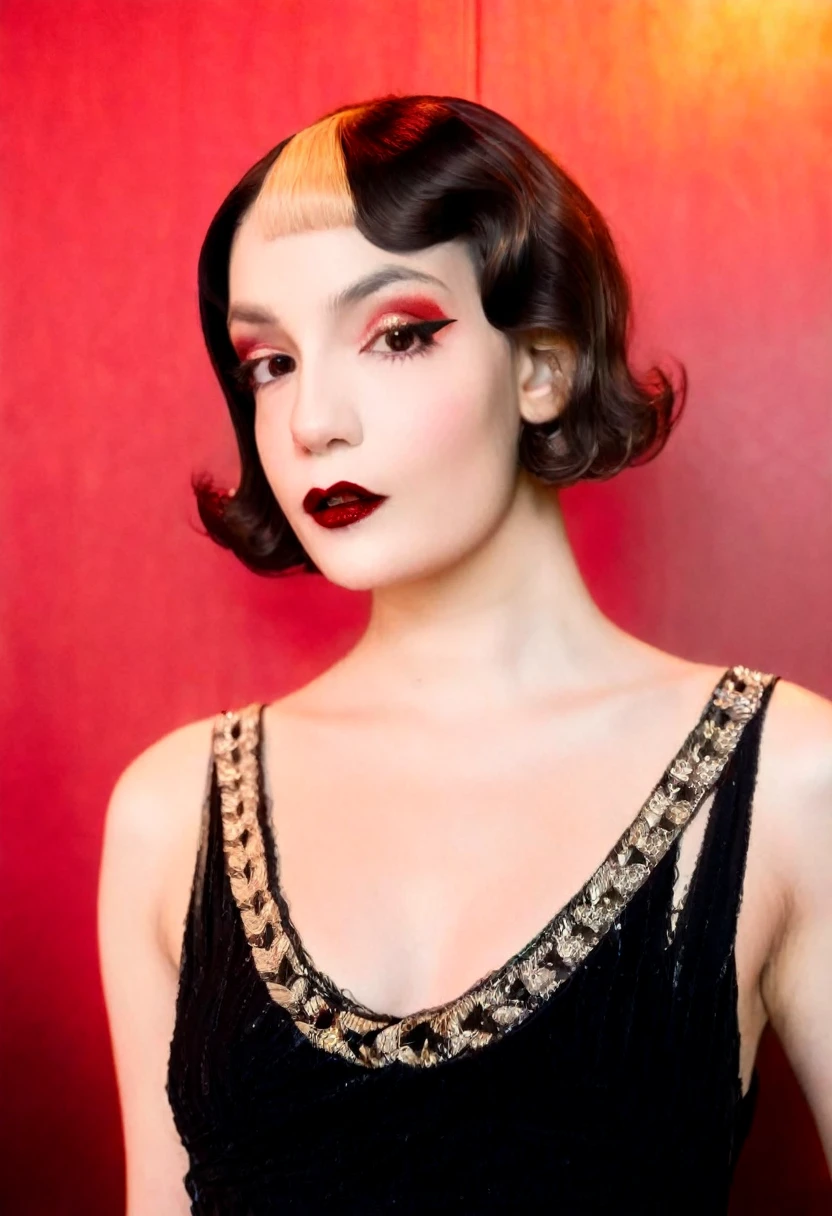 Photo film noir style, Maginifique, 1fille, Seulement, demi-corps, Dramatic lighting, pale skin, ((rich color)), high contrast, ombres dramatiques, flapper 20s style, Mysterious, cinematic, Bright red lips (((Only lips red))), (looking at the viewer),

