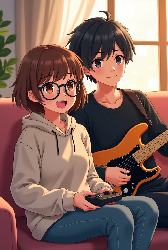 Anime cute gamer girl brown short hair and brown eyes wearing cute glasses big boobies, wearing a comfy sweatshirt with cool muscular dark haired dark eyes gamer guy wearing a black shirt playing guitar