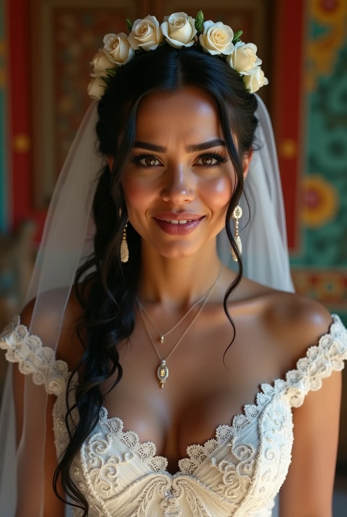 Chola crying in a Mexican style wedding dress