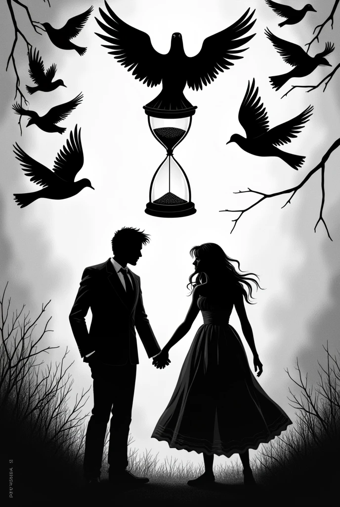 Drawing that represents Chronicles of a Death Foretold in black and white and that shows the doves and the hourglass and the death of Santiago Nasar and the love of Angela Vicario and Bayardo San Roman(only the outline of the drawing)
Outline of the drawing
