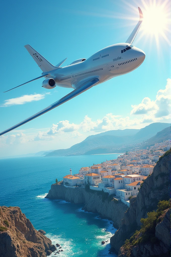 un avion qui vole dans un ciel bleu au-dessus d'une ville de Grèce au bord de la mer