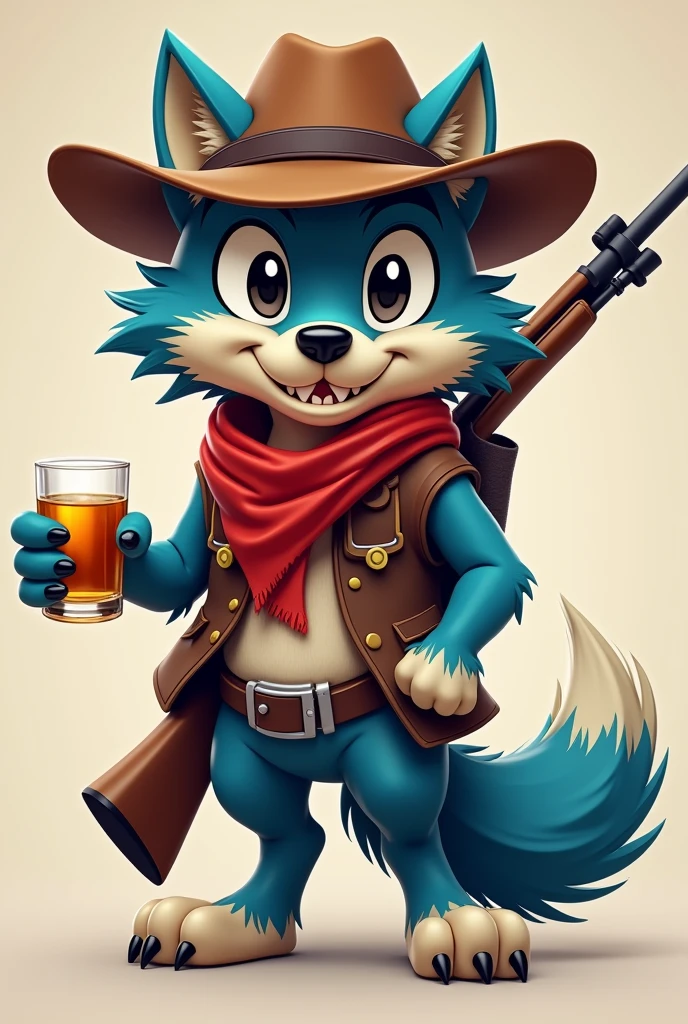 animé, Loup Cowboy, pupille noire, Yeux blanc, poil bleu, nez noir, Foulard rouge, avec un fusil de précision M24 dans le dos, chapeau marron, sourire stylé, whisky à la main
