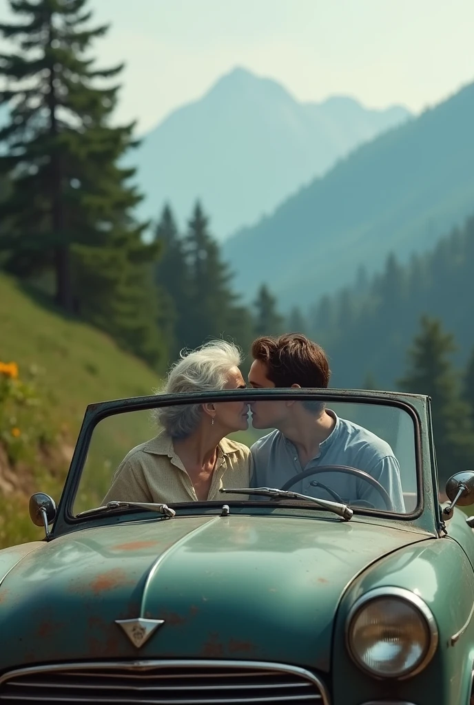 A old lady drives a car from hill station with her young boyfriend and they kiss him