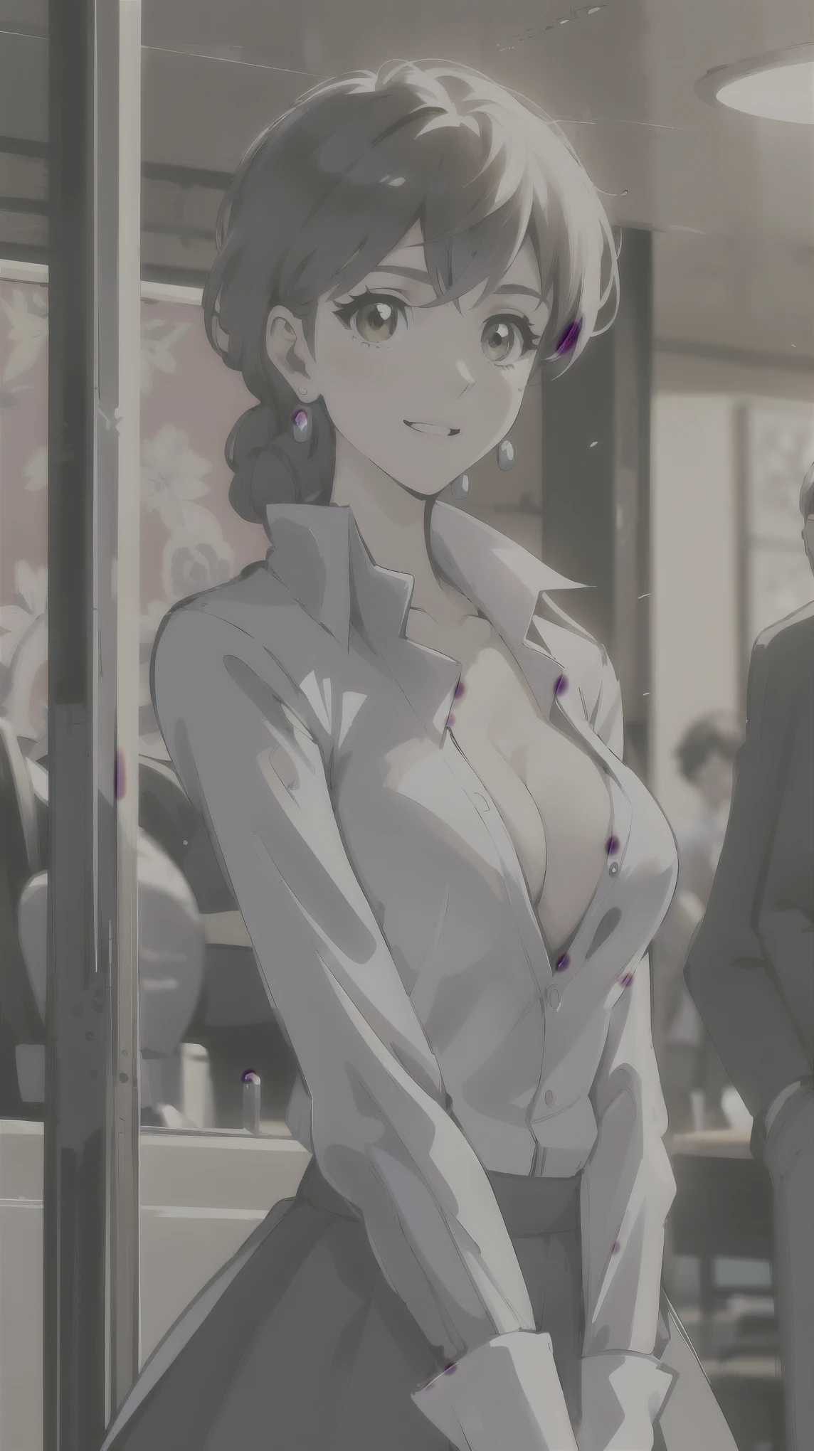 ((super high quality,))((Ultra-high resolution,))(16K,)(super masterpiece,)((Ultra HD ,))(Detailed shading,)One sexy office lady,Cleavage,popped Tight collar White shirts,White tight skirt,smile,Office in the morning sun,
