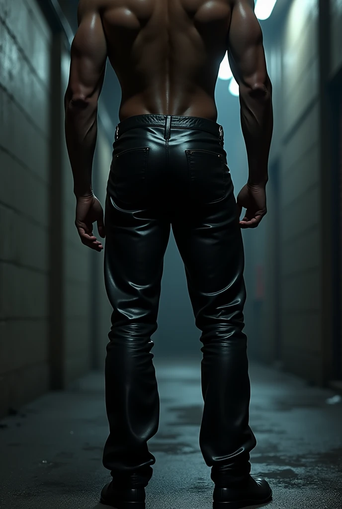 Man from behind wearing leather pants