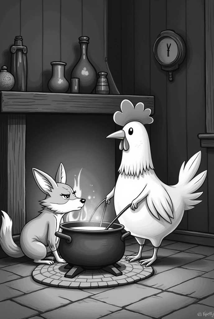 drawing of a fox and a chicken. The chicken must be cooking a nail soup and the fox must be making a fire, to a fireplace at night. The drawing must be and cannot be colored.. The chicken must look smart and the fox must look hungry and tired..