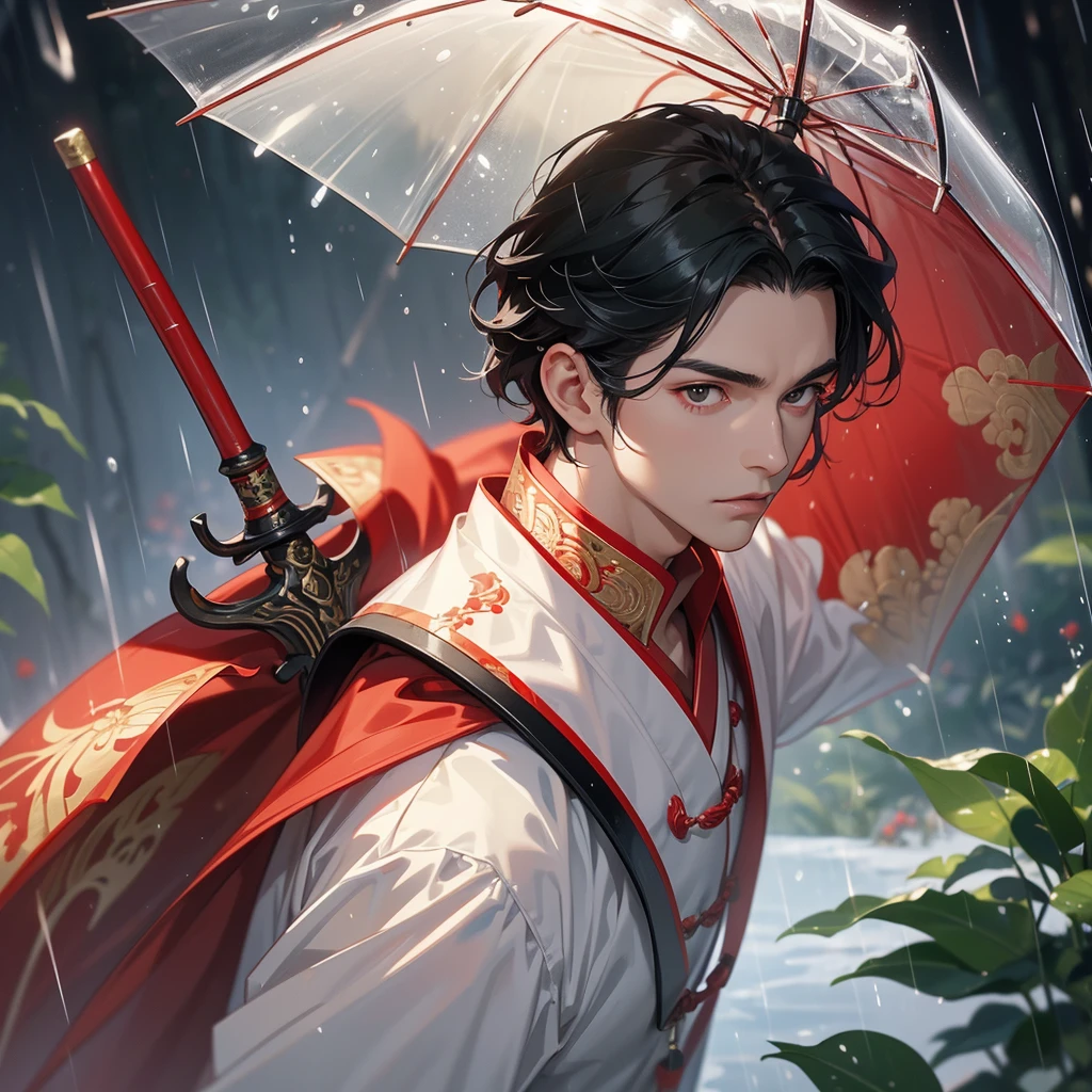 A Handsome black-hair male holding a large sword in red-white ancient chinese costume, close up.
Stand holding an umbrella to protect from the rain. Rain fell and splashed around. There are water droplets falling on the leaves in the surrounding area, green and moist, the atmosphere after rain.