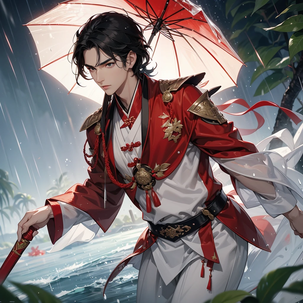 A Handsome black-hair male holding a large sword in red-white ancient chinese costume, close up.
Stand holding an umbrella to protect from the rain. Rain fell and splashed around. There are water droplets falling on the leaves in the surrounding area, green and moist, the atmosphere after rain.