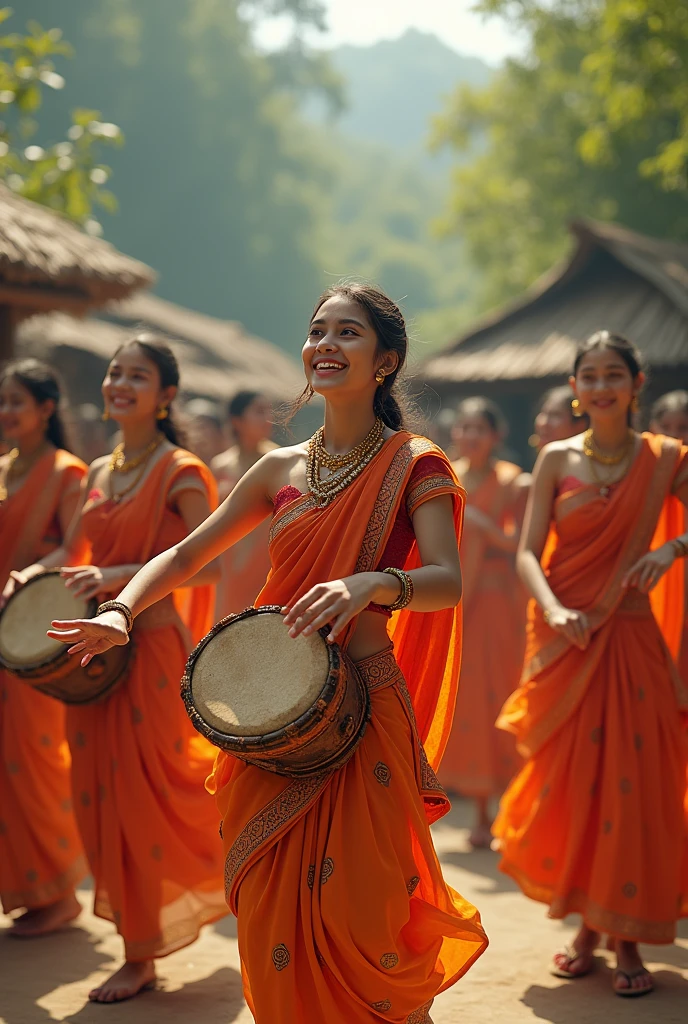 (photorealism:1.2), CELEBRATING KARMA PUJA By girls in rural areas dancing on nagada with Happy faces