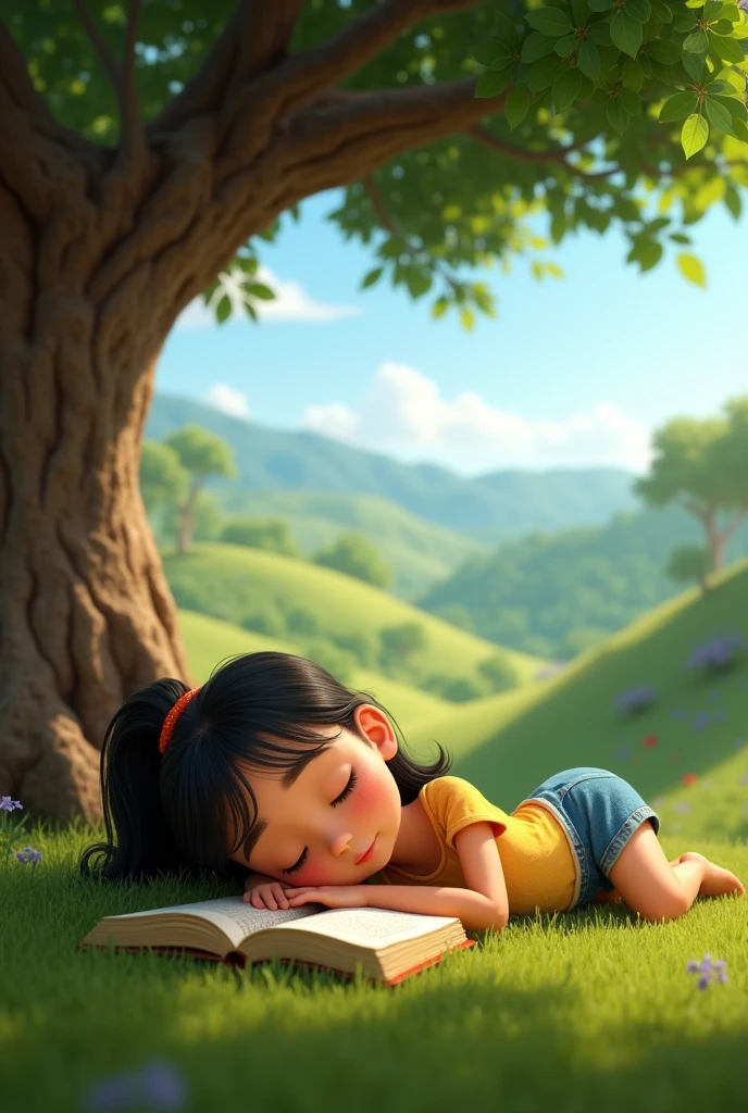 3d pixar animation style of a girl sleeping under the shade of a deep tree with an open book on her chest in the countryside of el salvador