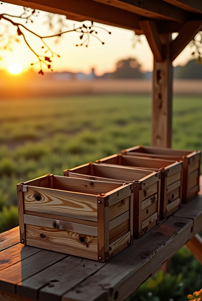 shelf with six empty wooden boxes that are used to sell fruit from the hortifruti on the farm at sunset
