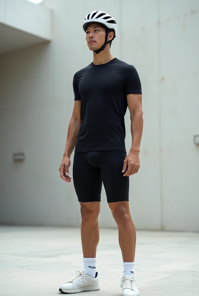 Asian,Are standing,male, A loose black sports shirt,Black shorts,Black long tights,White socks,White low-cut sneakers,White cycling helmet