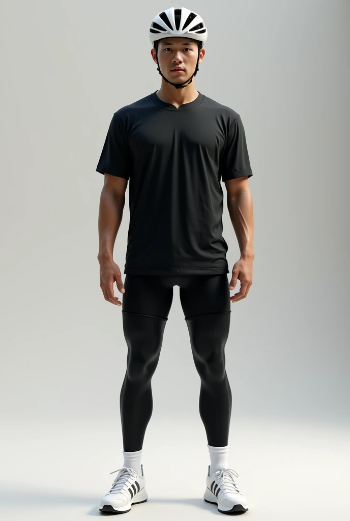 Asian,Are standing,male, A loose black sports shirt,Black shorts,Black long tights,White socks,White low-cut sneakers,White cycling helmet