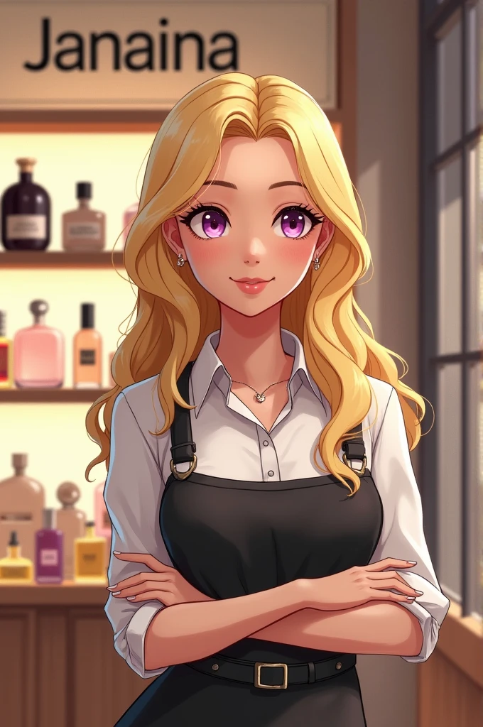Characters blonde saleswoman in a perfume store.
Add a sign saying Janaina perfumery.
Store with a modern minimalist touch.
