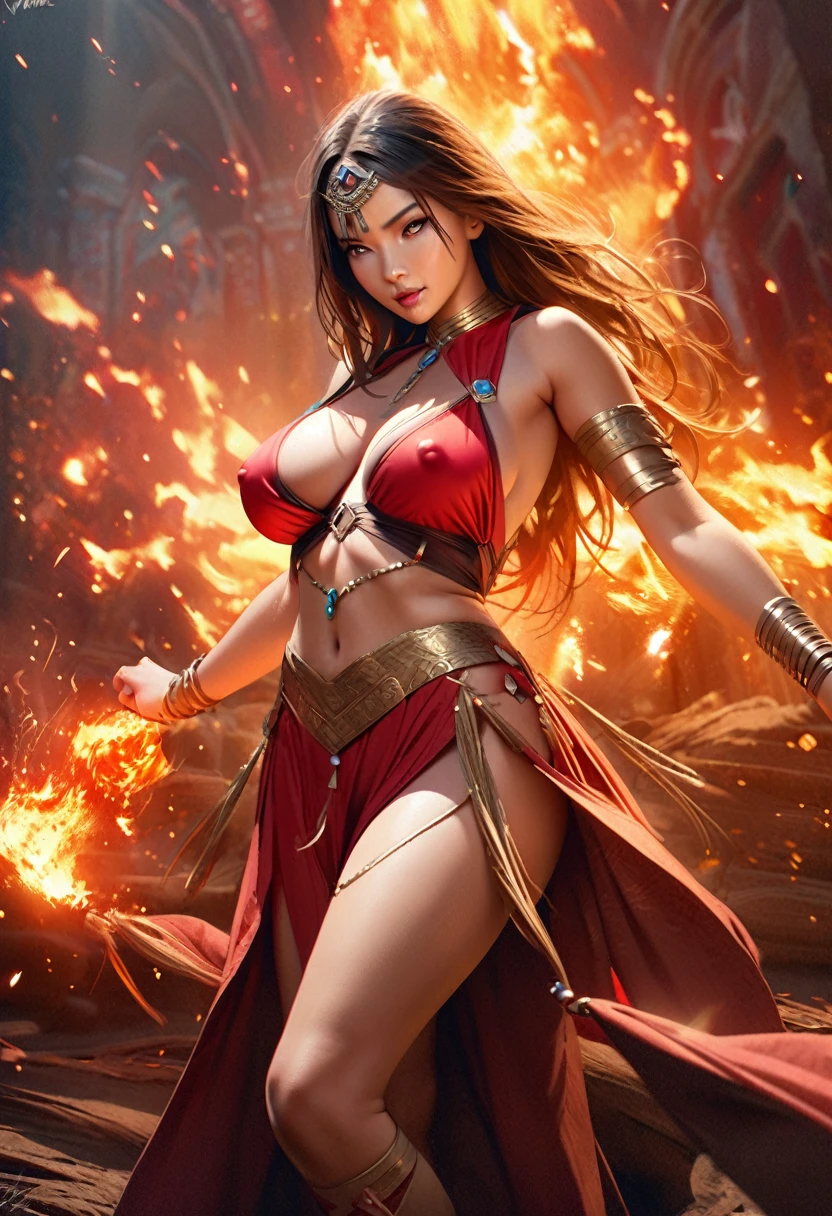 {best quality,4K,8k,highres,masterpiece:1.2),ultra-detailed,(realistic,photorealistic,photo-realistic、looking at the camera}、{Chinese、Dancer、Very large breasts、Covered nipples、extremely detailed eyes and face}、Flaming background、(Has a fire element、There are sparks、arms)、vibrant colors、Thigh