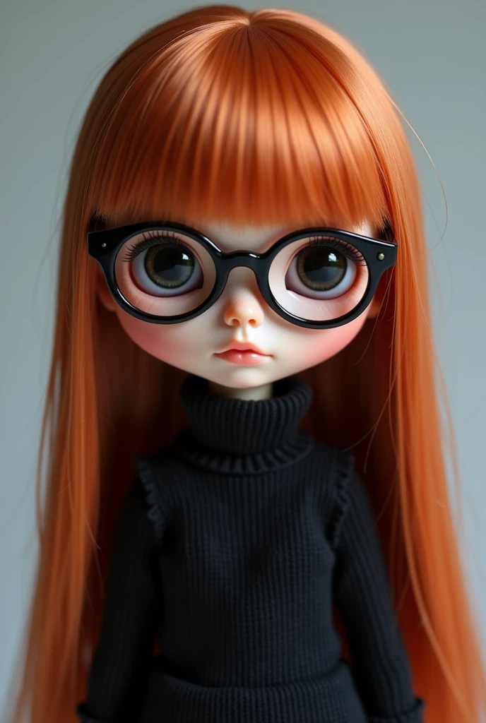 blythe doll, reddish copper hair, glasses, clothes are dark, black eyes, without fringe, straight hair bare forehead