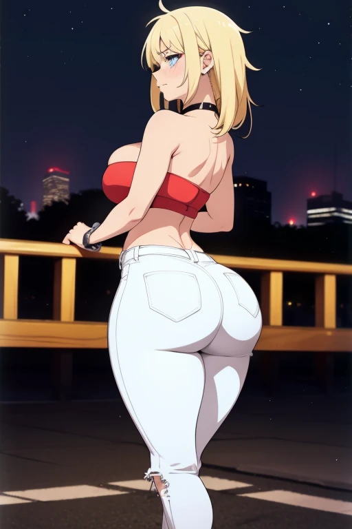 20 year old woman, busty, bubble butt, huge ass, round ass hourglass figure, skinny, blushing, panicked expression, horny, seductive, blonde hair, long hair, messy hair, wearing wearing tight white tube top, white jeans, choker, high heels, tight fitting clothing, cleavage, middrift, anime, city at night, outside, punk, punk style, punk hair, doujin style, manga, flat colours, 2d manga, strapless, bare arms, bare shoulders, ass focus