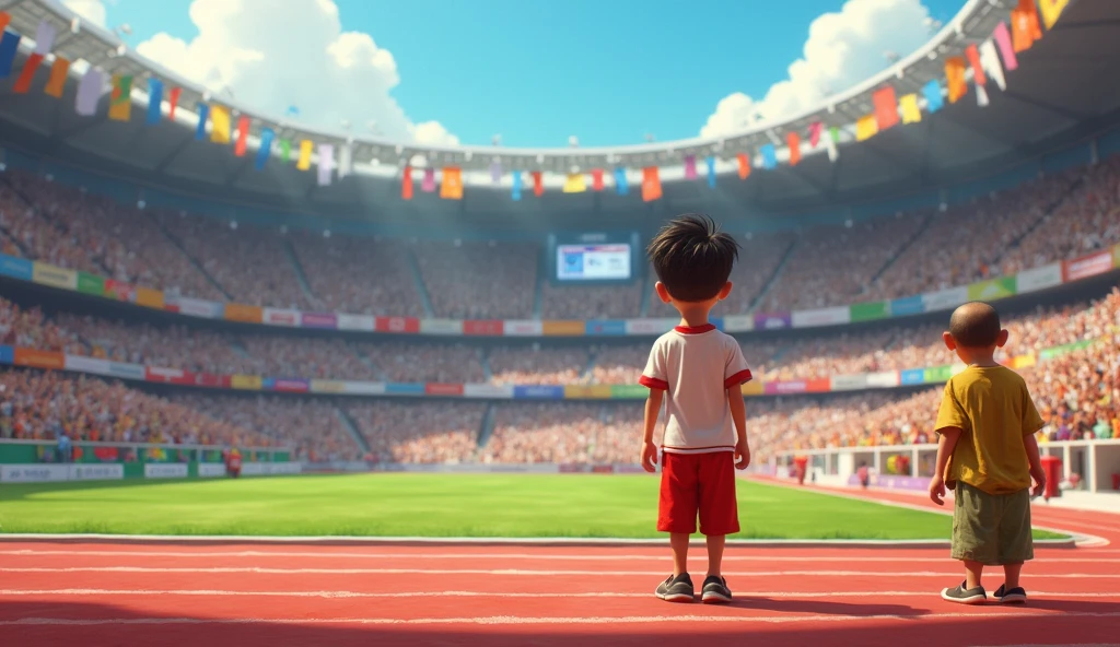 A bustling city stadium filled with spectators, colorful banners, and an energetic atmosphere. Suraj, now wearing a simple but clean sports uniform, stands at the starting line, ready to compete. His parents, dressed in modest village attire, are in the stands, cheering him on with pride and hope in their eyes