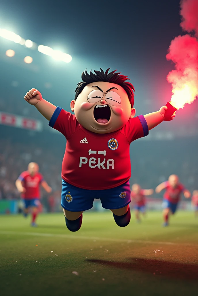 cartman, alianza lima jersey backwards, jumping in a crowded stadium, holding a flare, eyes closed, mouth open, stadium lights, alliance lima flag, realistic, digital art