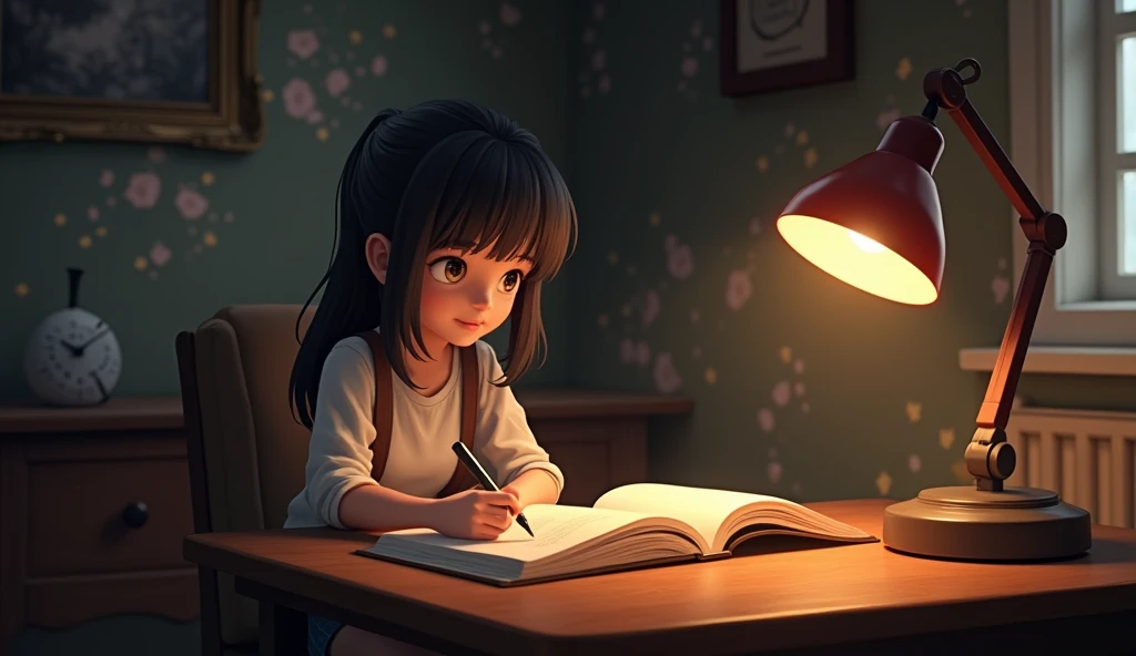 In a cozy, dimly-lit room, a girl sits at a wooden table, deeply focused on writing notes in her open book. Her surroundings are softly illuminated by the gentle glow of a nearby desk lamp, casting warm, golden light over her. The walls are adorned with subtle, shimmering patterns that hint at a magical ambiance. The air feels calm and serene, enhanced by the soothing, lofi music playing in the background, which complements the tranquil atmosphere. The girl, with her hair pulled back and a look of concentration on her face, seems immersed in her studies, creating a harmonious blend of dedication and enchantment.