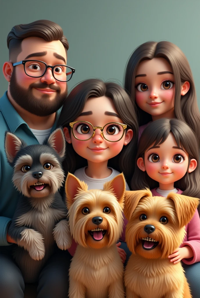 A chubby man with a beard and medium length hair and black glasses, a chubby woman with braces on her teeth , golden glasses with shoulder length hair.
A chubby girl with long hair and a mole near her mouth, another thin girl with hair below her shoulders and another small girl with Chanel hair with bangs and a hot Yorkshire dog with black and gray fur and another Yorkshire dog with yellow fur 
