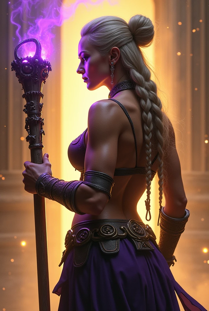 70 year old woman with wrinkles on her skin,Very long straight hair with thick braids with a bun,thick lips,thick eyebrows,red painted lips,with very sexy warrior armor that shows her beautiful body and her ass in a thong,with thong,fitness ass with muscle,very skinny body,very thin waist,Warrior woman,with an angry face with fury and anger, posing with his back to the viewer,LOOKING AT THE SPECTATOR,with big tits,very tight armor,very small thong,beautiful ass,with a very powerful staff in his hand that emanates violet rays,surrounded by golden magical energy,with violet rays around it,with a lot of magical power.Real photo,human photo,photo without animation,non-animated photo,very realistic photo.