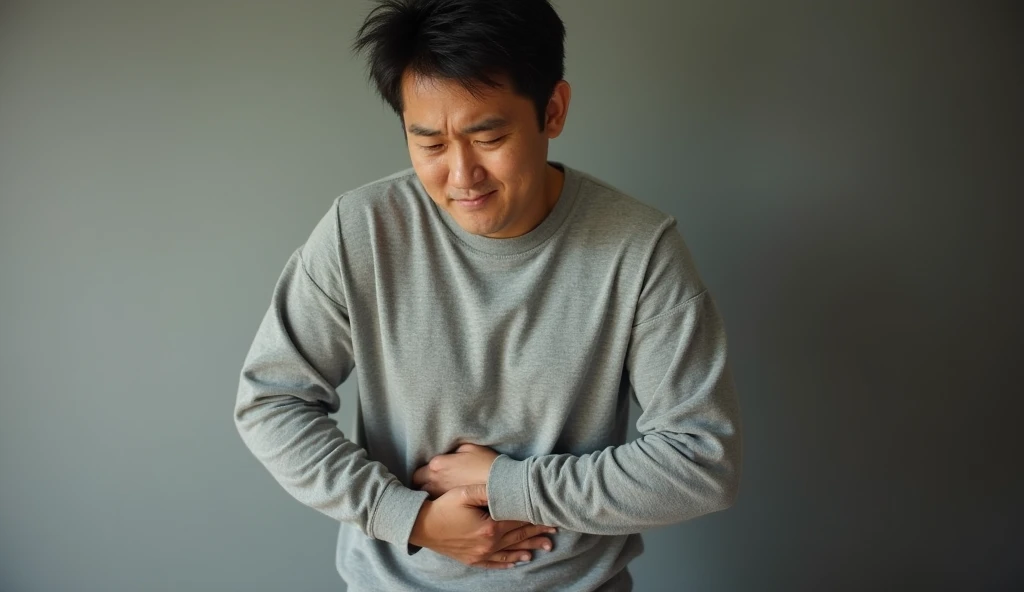 Highest quality、Overeating、A Japanese man clutching his stomach in pain